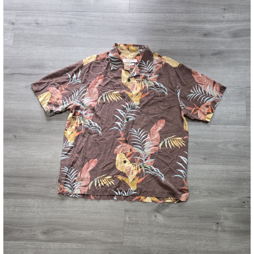 Tommy Bahama Original Fit Silk Hawaiian Camp Shirt Brown Tropical Aloha Large